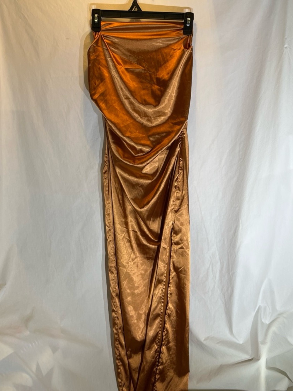Angel Copper Satin Maxi Dress with Ruched Front